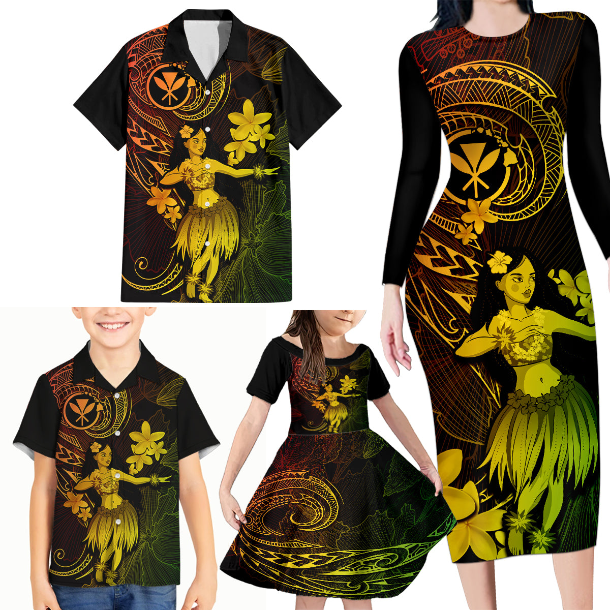 Hawaii Family Matching Long Sleeve Bodycon Dress and Hawaiian Shirt Hula Girl Mix Polynesian Plumeria Reggae Version - Wonder Print Shop
