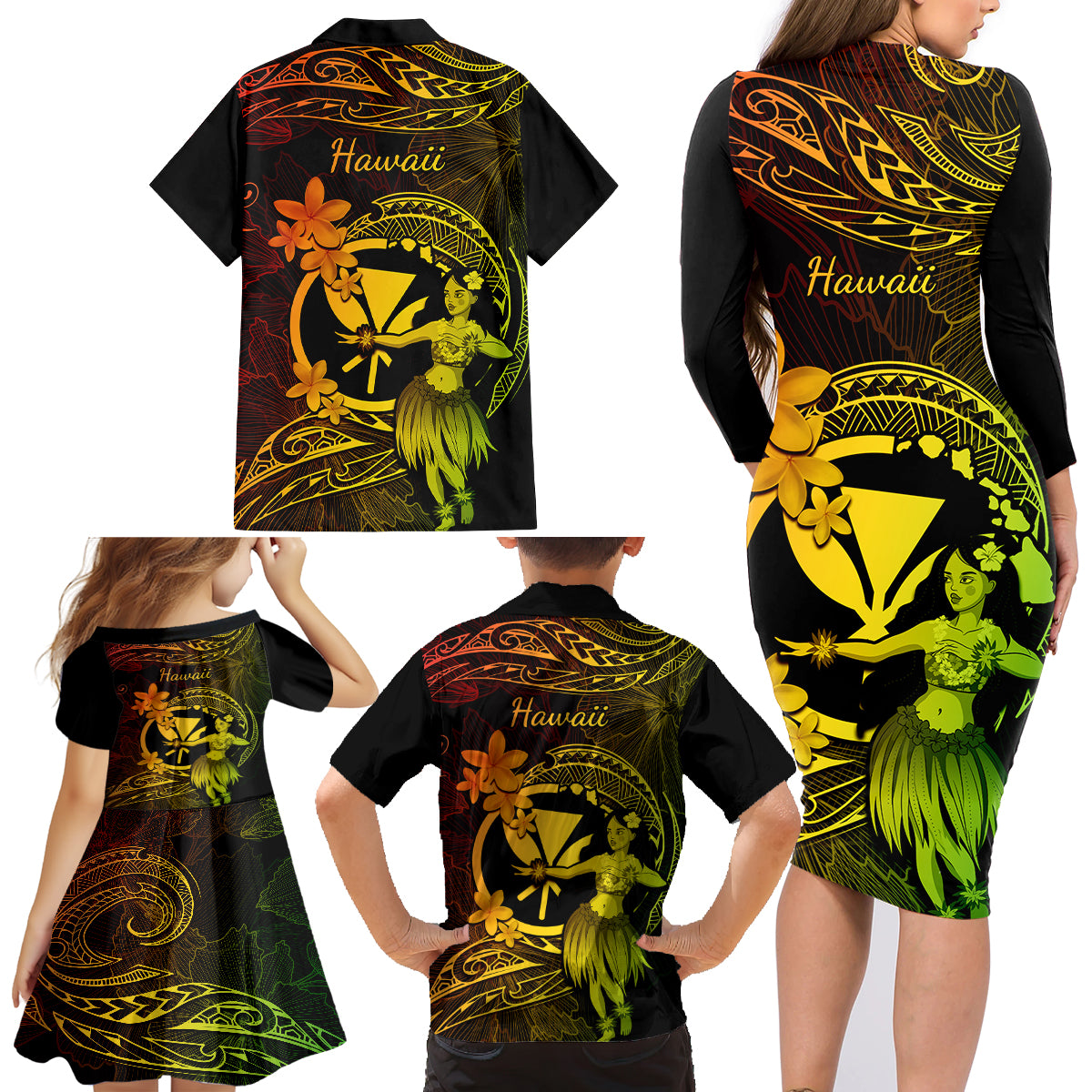 Hawaii Family Matching Long Sleeve Bodycon Dress and Hawaiian Shirt Hula Girl Mix Polynesian Plumeria Reggae Version - Wonder Print Shop