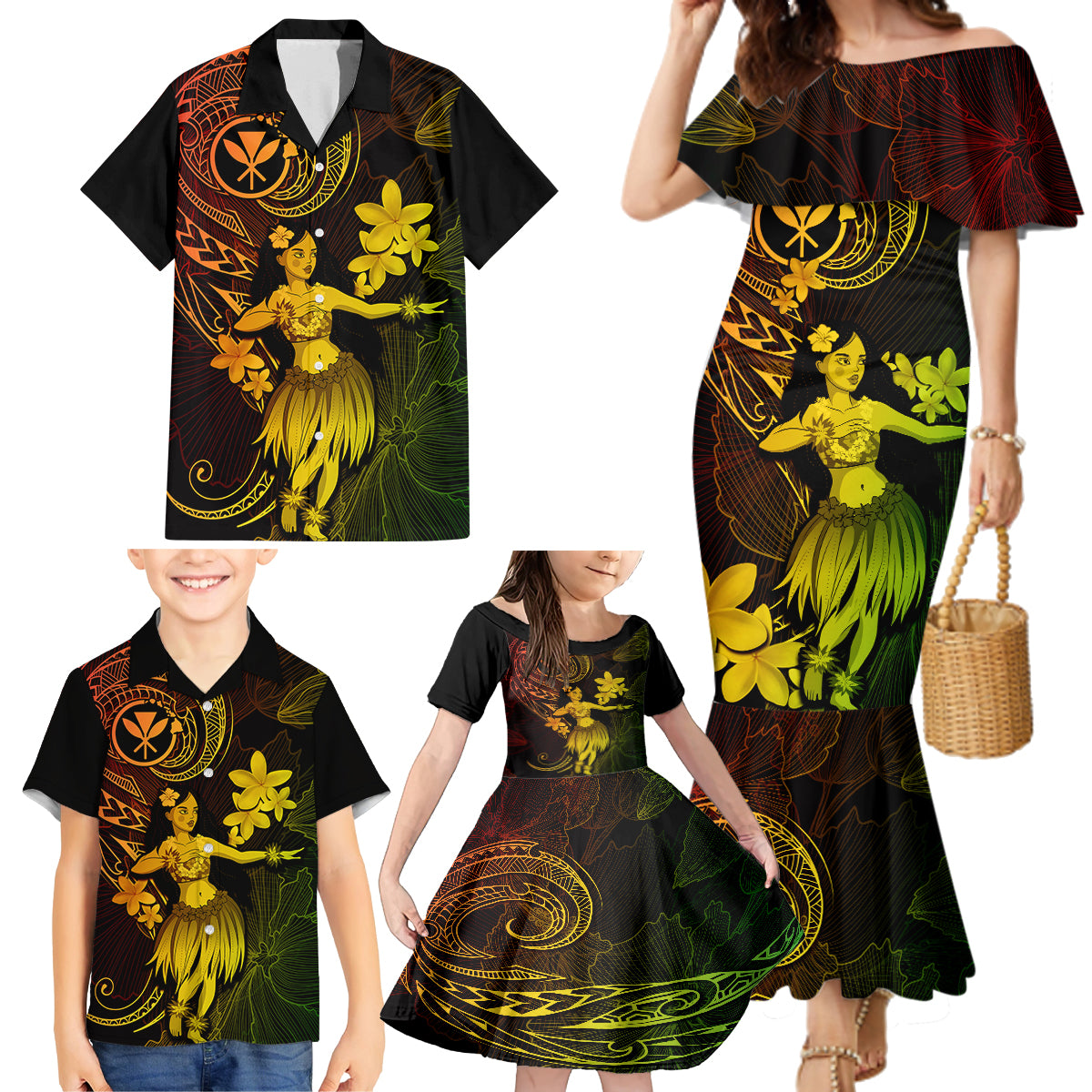 Hawaii Family Matching Mermaid Dress and Hawaiian Shirt Hula Girl Mix Polynesian Plumeria Reggae Version - Wonder Print Shop