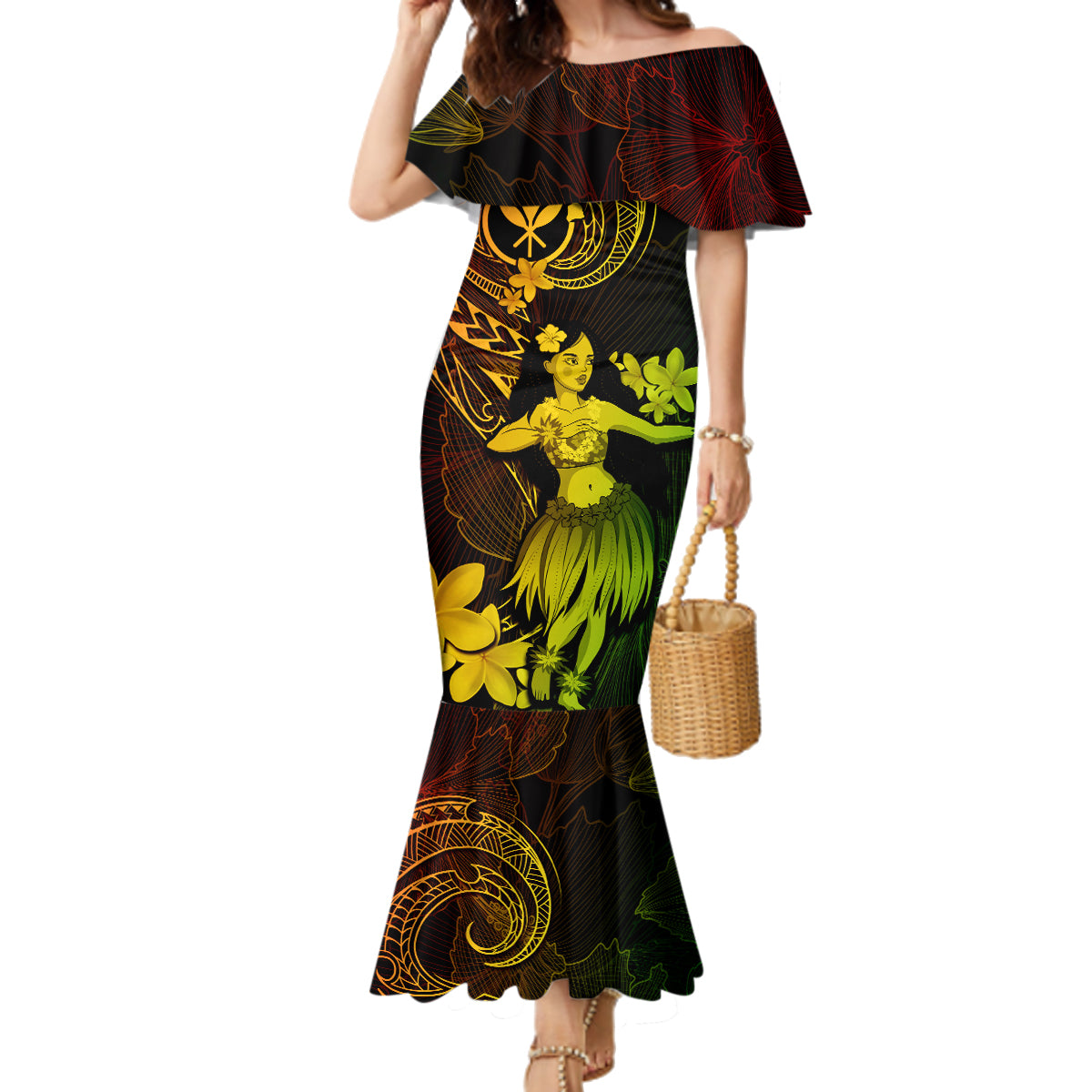 Hawaii Family Matching Mermaid Dress and Hawaiian Shirt Hula Girl Mix Polynesian Plumeria Reggae Version - Wonder Print Shop