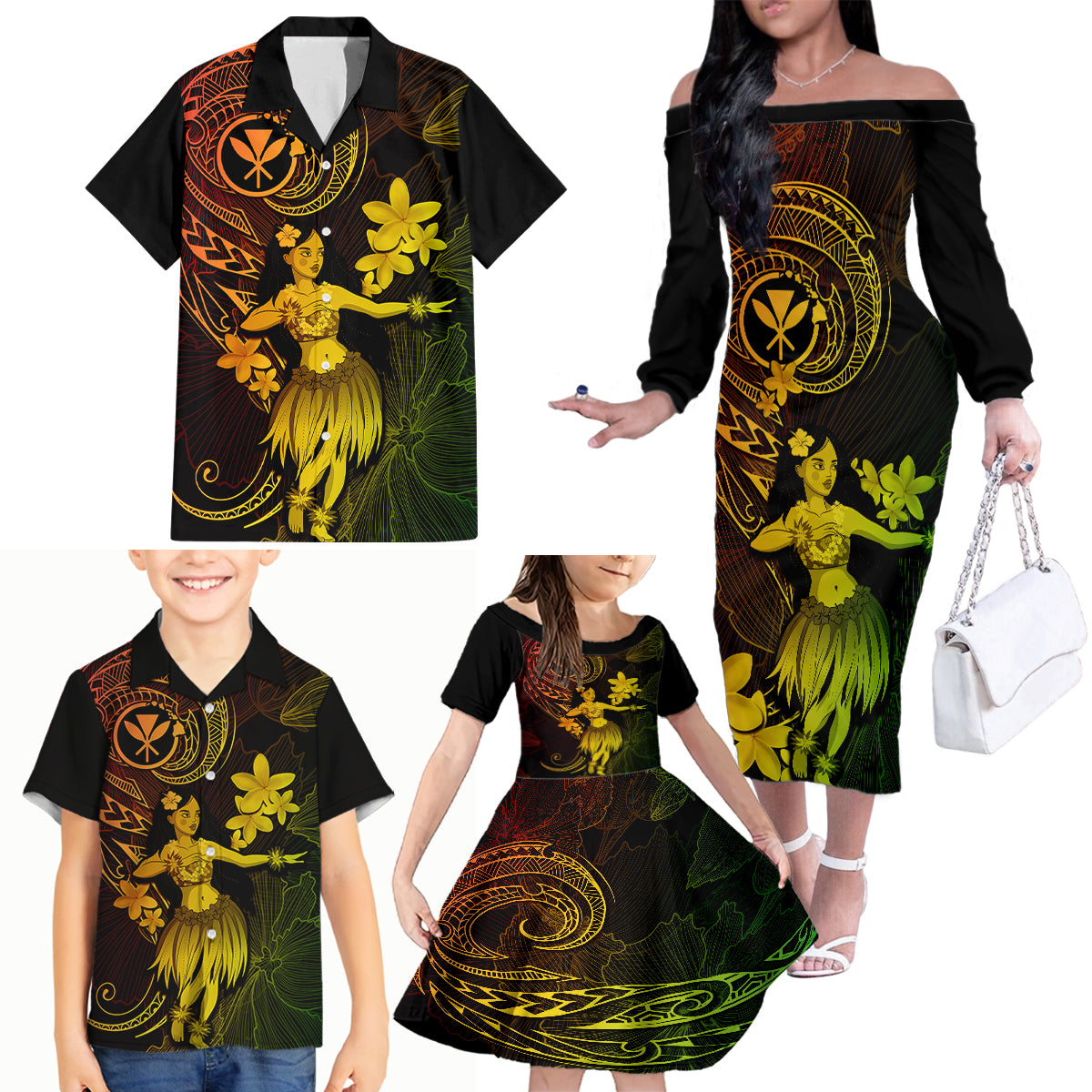 Hawaii Family Matching Off Shoulder Long Sleeve Dress and Hawaiian Shirt Hula Girl Mix Polynesian Plumeria Reggae Version - Wonder Print Shop