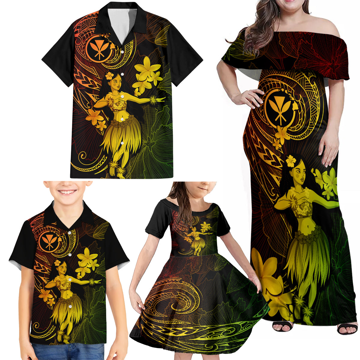 Hawaii Family Matching Off Shoulder Maxi Dress and Hawaiian Shirt Hula Girl Mix Polynesian Plumeria Reggae Version - Wonder Print Shop