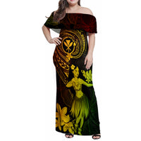 Hawaii Family Matching Off Shoulder Maxi Dress and Hawaiian Shirt Hula Girl Mix Polynesian Plumeria Reggae Version - Wonder Print Shop
