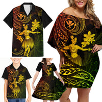 Hawaii Family Matching Off Shoulder Short Dress and Hawaiian Shirt Hula Girl Mix Polynesian Plumeria Reggae Version - Wonder Print Shop