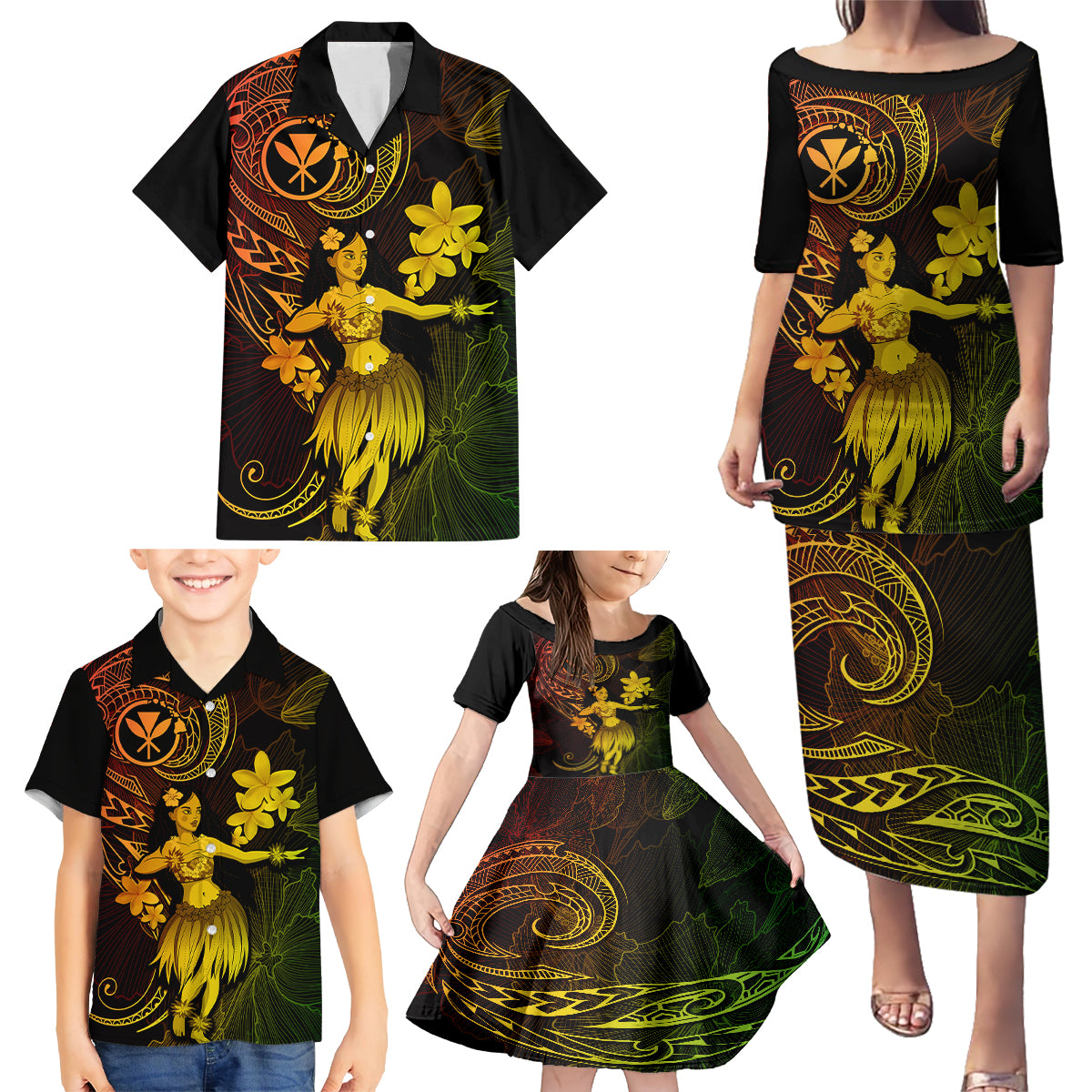 Hawaii Family Matching Puletasi Dress and Hawaiian Shirt Hula Girl Mix Polynesian Plumeria Reggae Version - Wonder Print Shop