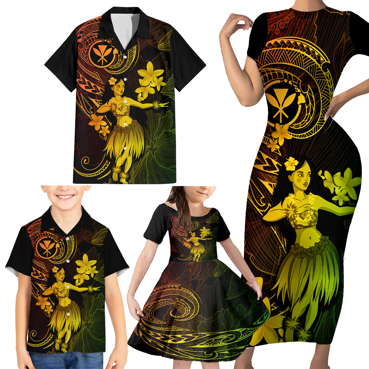 Hawaii Family Matching Short Sleeve Bodycon Dress and Hawaiian Shirt Hula Girl Mix Polynesian Plumeria Reggae Version - Wonder Print Shop