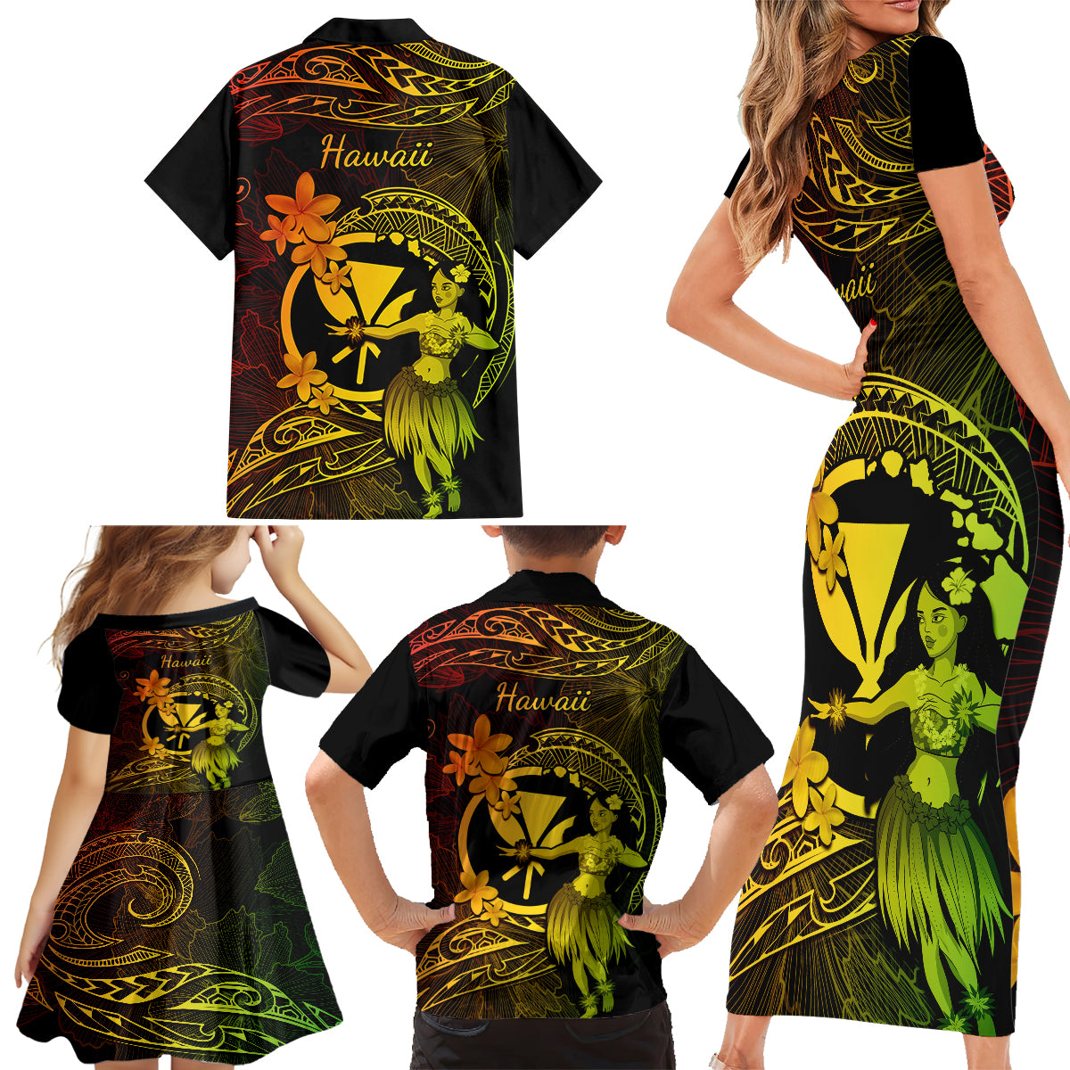 Hawaii Family Matching Short Sleeve Bodycon Dress and Hawaiian Shirt Hula Girl Mix Polynesian Plumeria Reggae Version - Wonder Print Shop