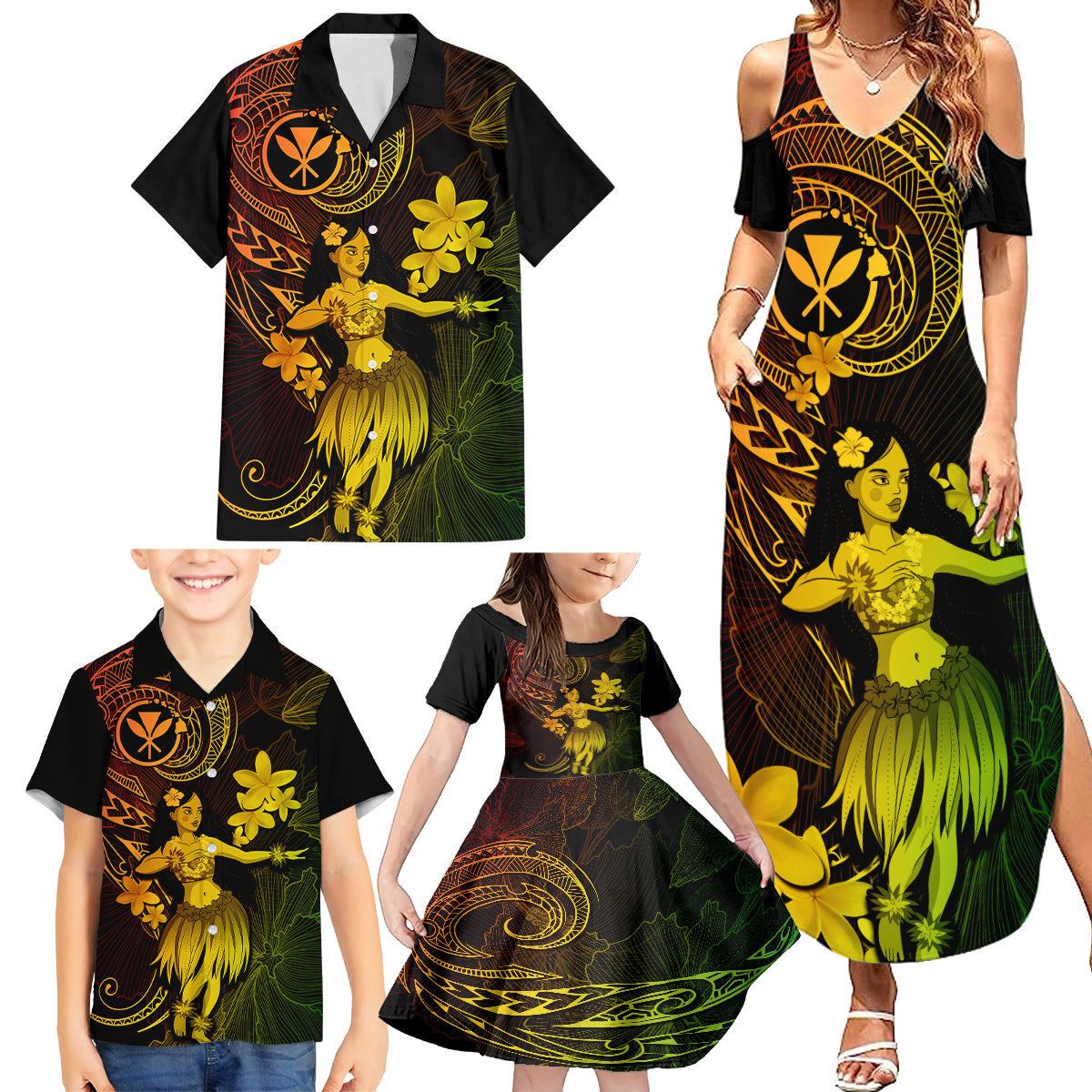 Hawaii Family Matching Summer Maxi Dress and Hawaiian Shirt Hula Girl Mix Polynesian Plumeria Reggae Version - Wonder Print Shop