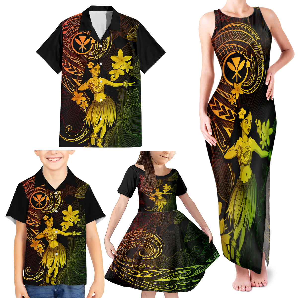 Hawaii Family Matching Tank Maxi Dress and Hawaiian Shirt Hula Girl Mix Polynesian Plumeria Reggae Version - Wonder Print Shop