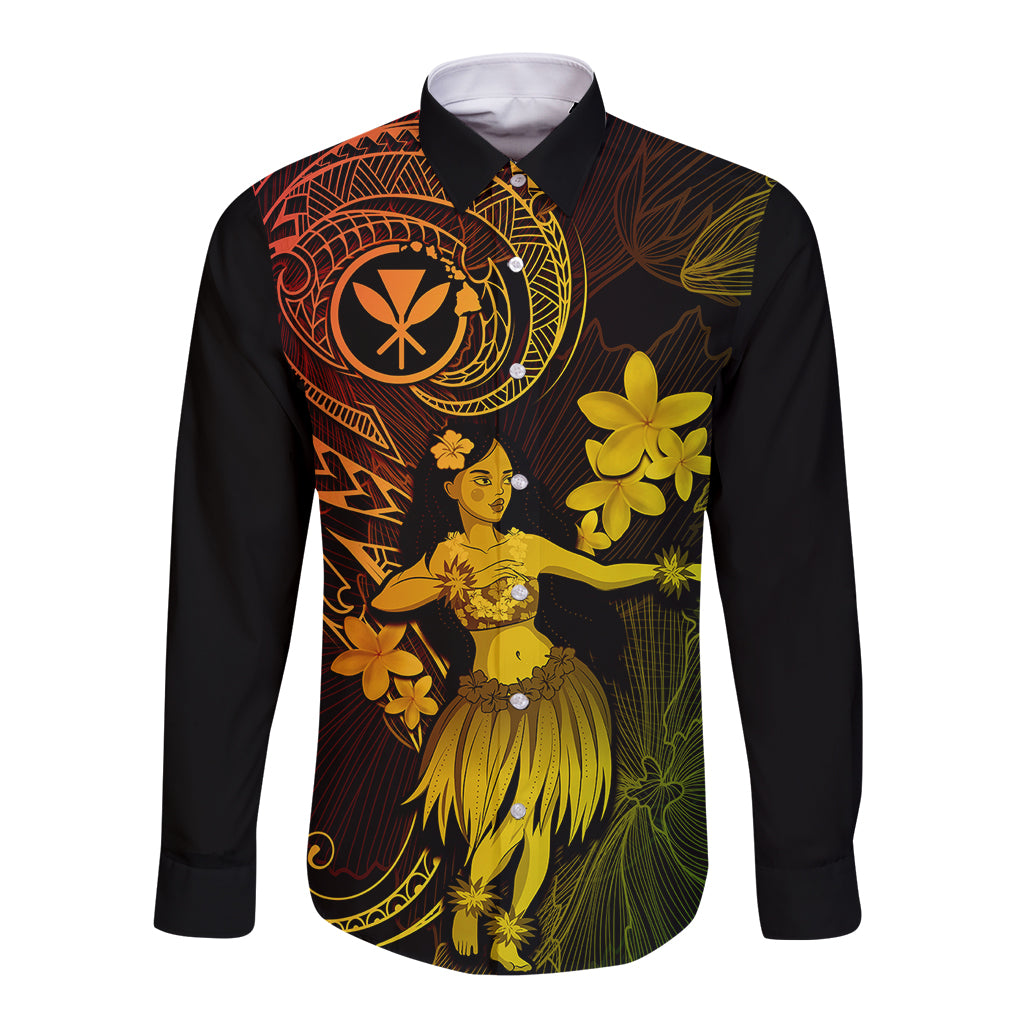 Hawaii Long Sleeve Button Shirt Hula Girl Mix Polynesian Plumeria Reggae Version - Wonder Print Shop
