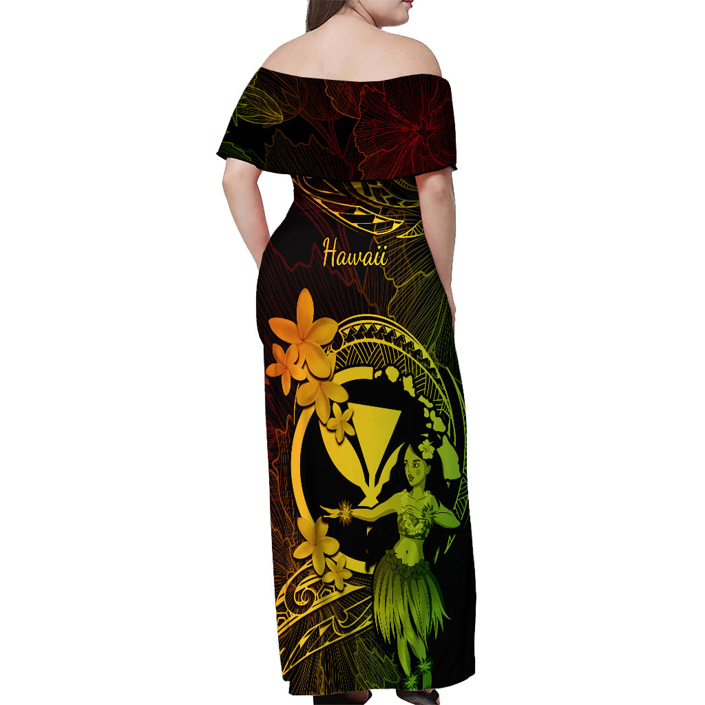 Hawaii Off Shoulder Maxi Dress Hula Girl Mix Polynesian Plumeria Reggae Version - Wonder Print Shop