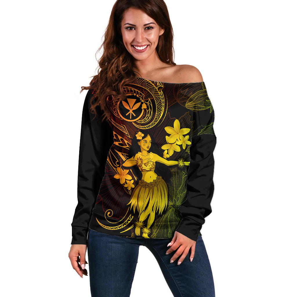 Hawaii Off Shoulder Sweater Hula Girl Mix Polynesian Plumeria Reggae Version - Wonder Print Shop