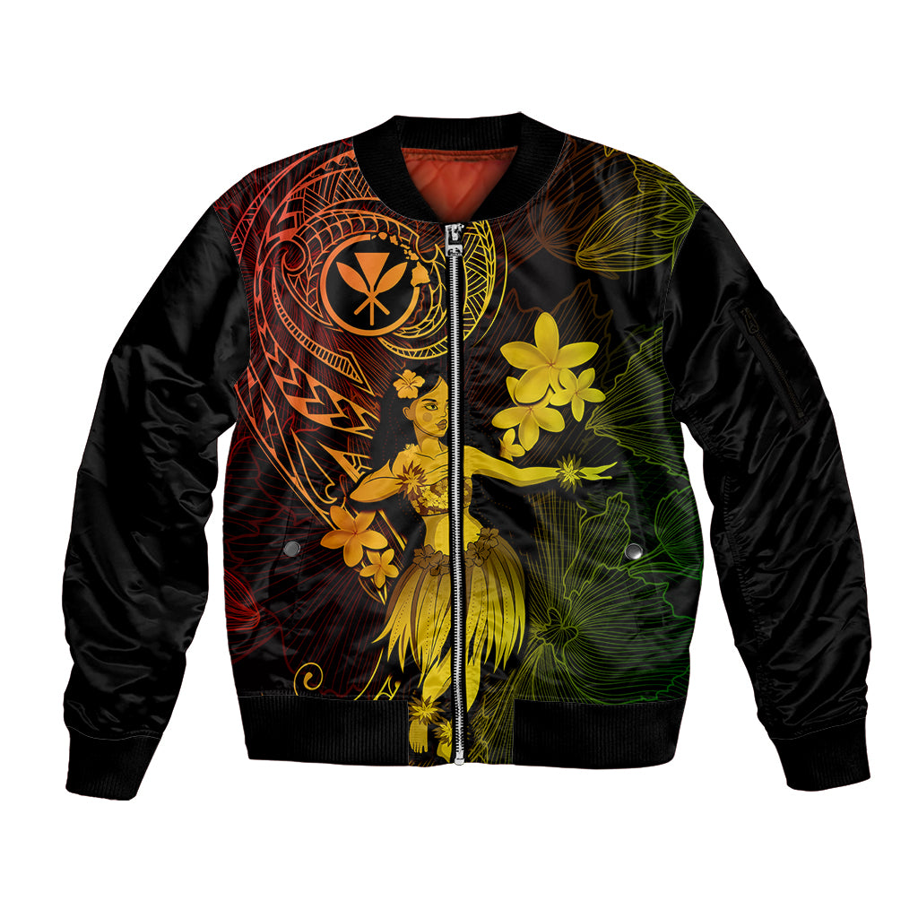 Hawaii Sleeve Zip Bomber Jacket Hula Girl Mix Polynesian Plumeria Reggae Version - Wonder Print Shop