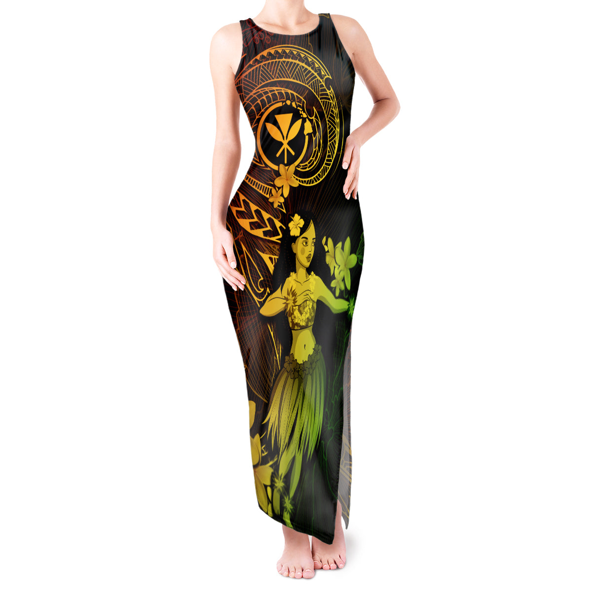 Hawaii Tank Maxi Dress Hula Girl Mix Polynesian Plumeria Reggae Version - Wonder Print Shop