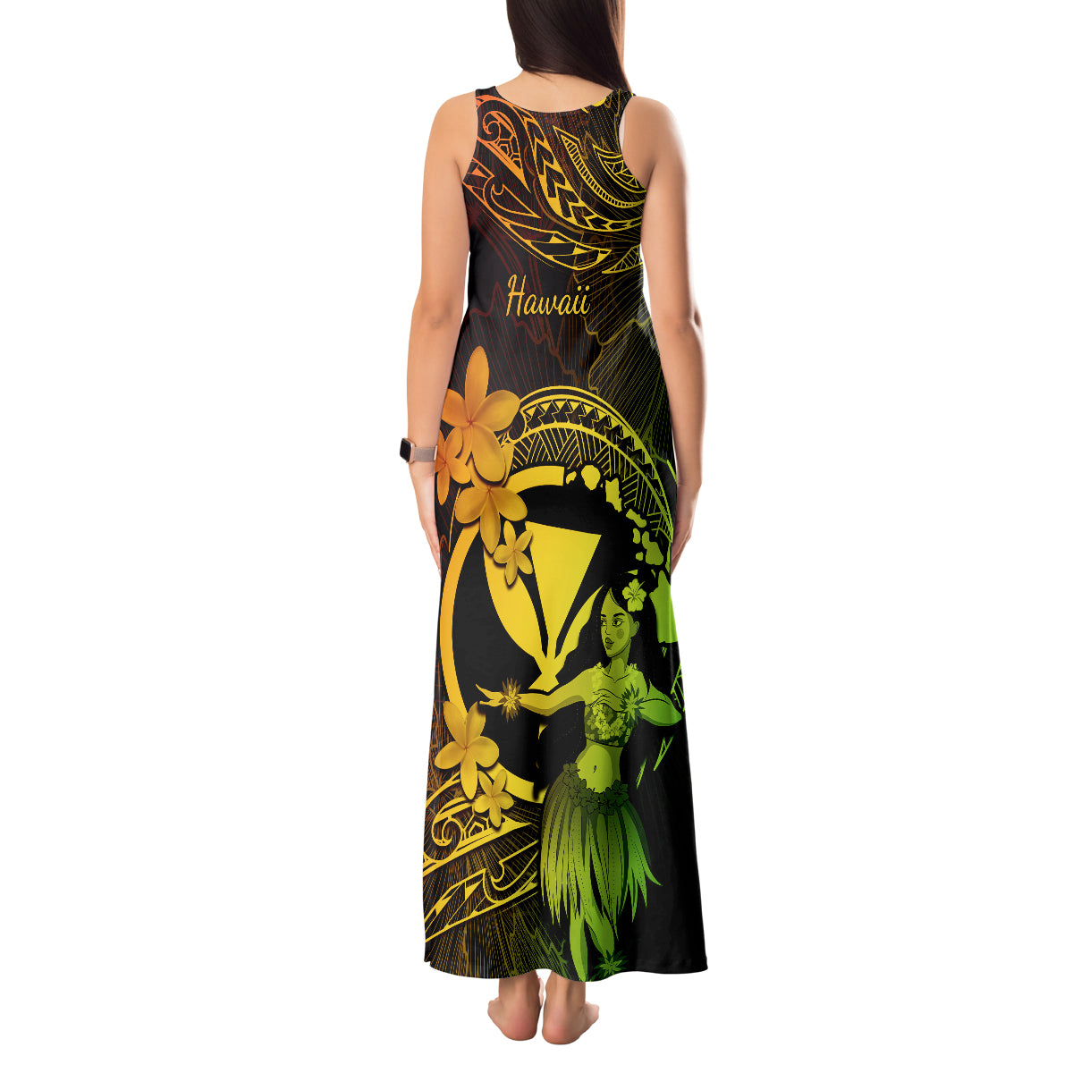 Hawaii Tank Maxi Dress Hula Girl Mix Polynesian Plumeria Reggae Version - Wonder Print Shop