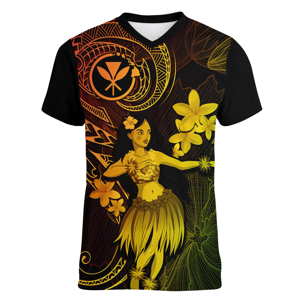 Hawaii Women V Neck T Shirt Hula Girl Mix Polynesian Plumeria Reggae Version - Wonder Print Shop