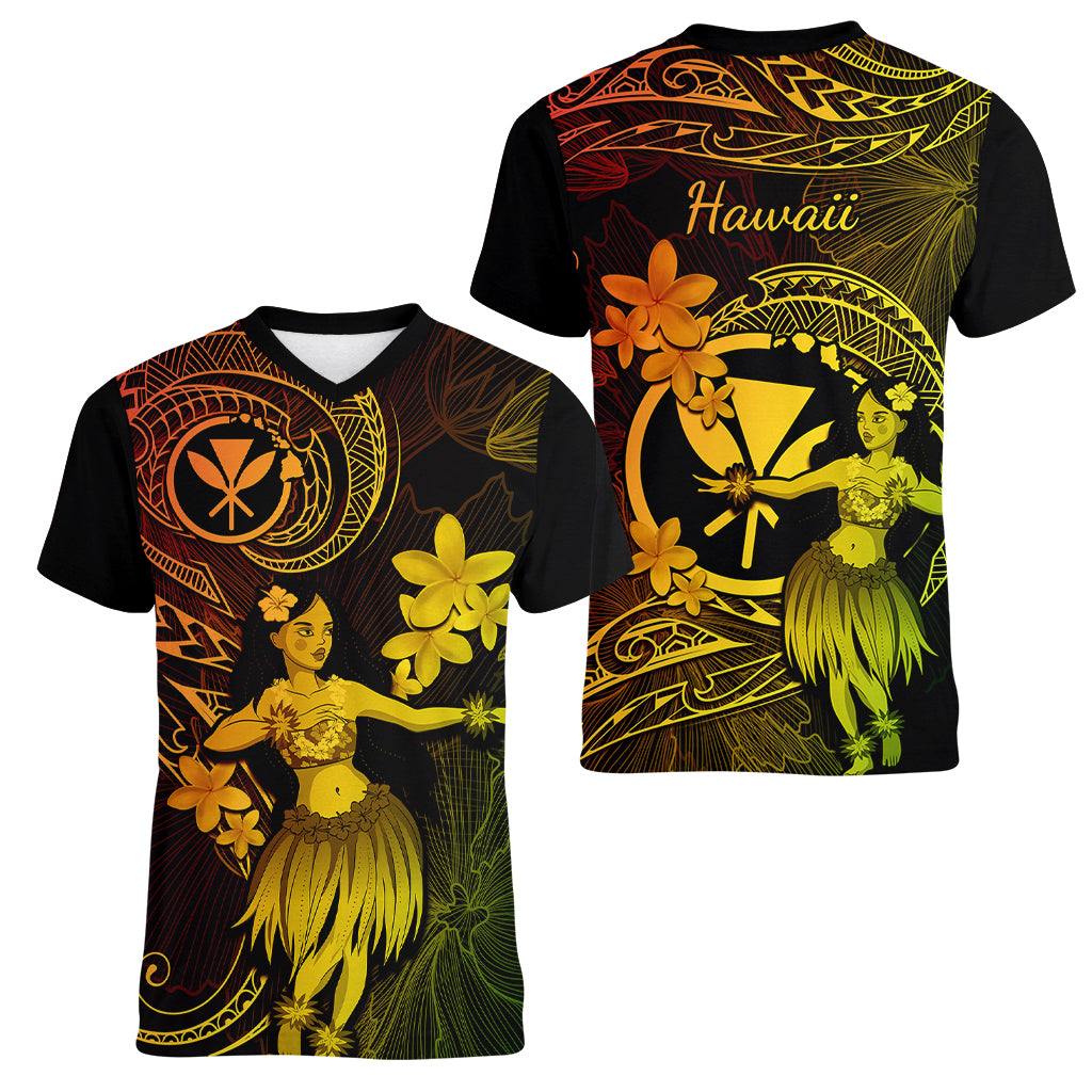 Hawaii Women V Neck T Shirt Hula Girl Mix Polynesian Plumeria Reggae Version - Wonder Print Shop