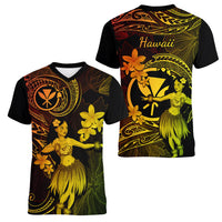 Hawaii Women V Neck T Shirt Hula Girl Mix Polynesian Plumeria Reggae Version - Wonder Print Shop