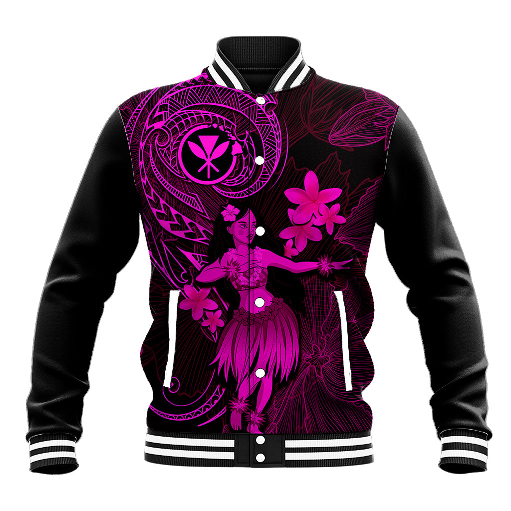 Hawaii Baseball Jacket Hula Girl Mix Polynesian Plumeria Pink Version - Wonder Print Shop