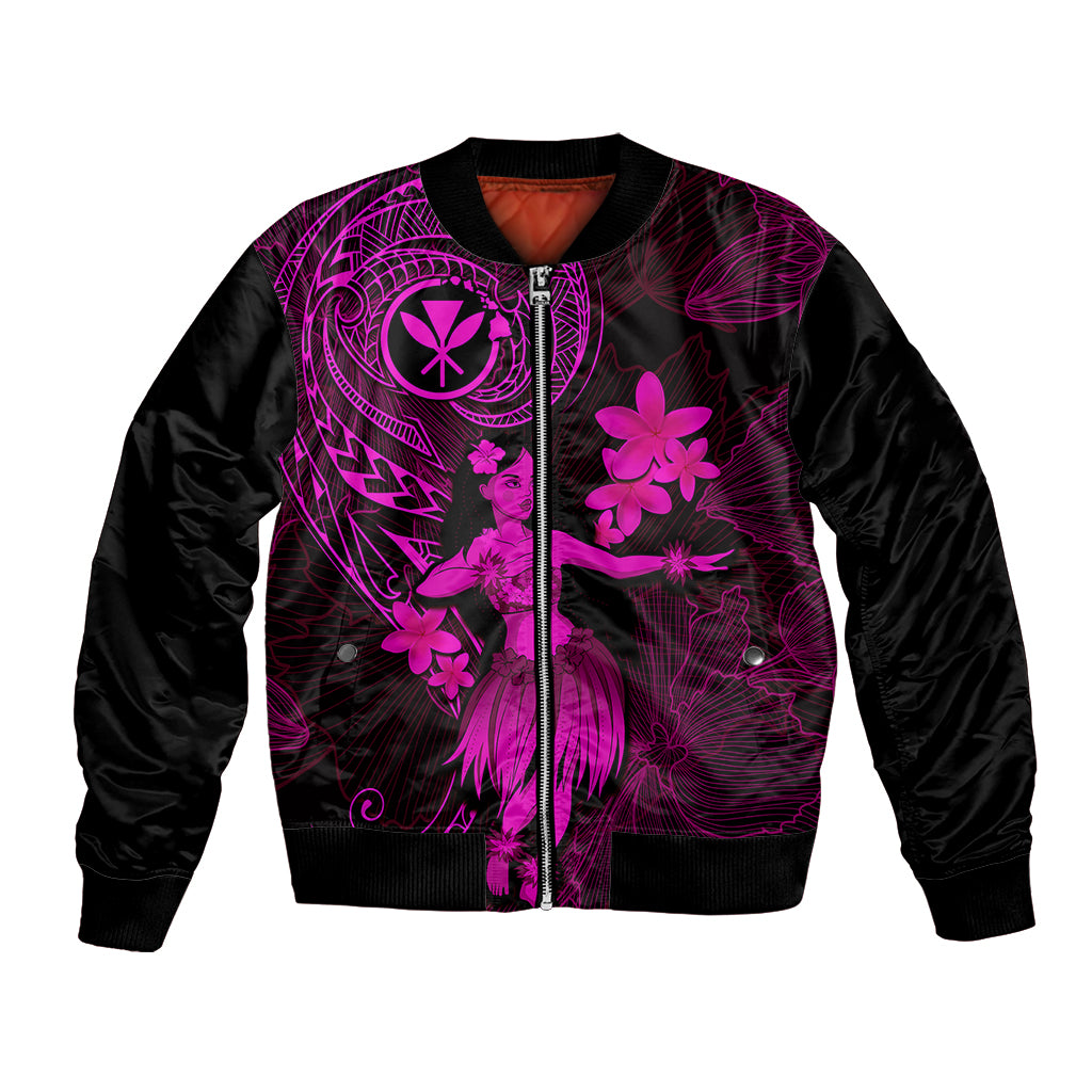 Hawaii Bomber Jacket Hula Girl Mix Polynesian Plumeria Pink Version - Wonder Print Shop