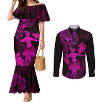 hawaii-couples-matching-mermaid-dress-and-long-sleeve-button-shirts-hula-girl-mix-polynesian-plumeria-pink-version