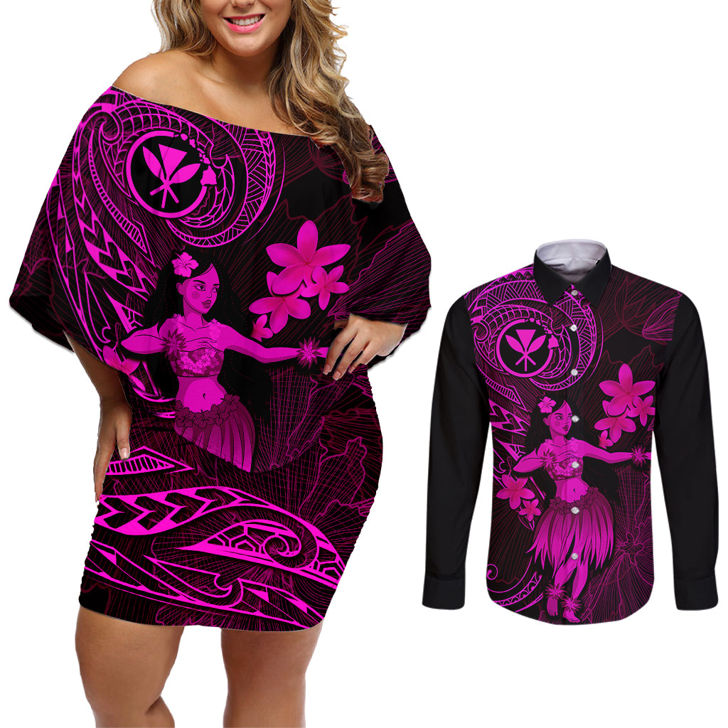 Hawaii Couples Matching Off Shoulder Short Dress and Long Sleeve Button Shirts Hula Girl Mix Polynesian Plumeria Pink Version - Wonder Print Shop