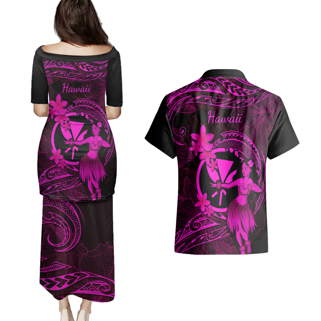 Hawaii Couples Matching Puletasi Dress and Hawaiian Shirt Hula Girl Mix Polynesian Plumeria Pink Version - Wonder Print Shop