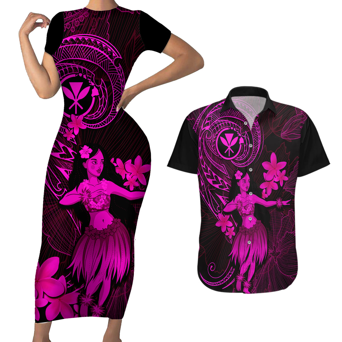 Hawaii Couples Matching Short Sleeve Bodycon Dress and Hawaiian Shirt Hula Girl Mix Polynesian Plumeria Pink Version - Wonder Print Shop