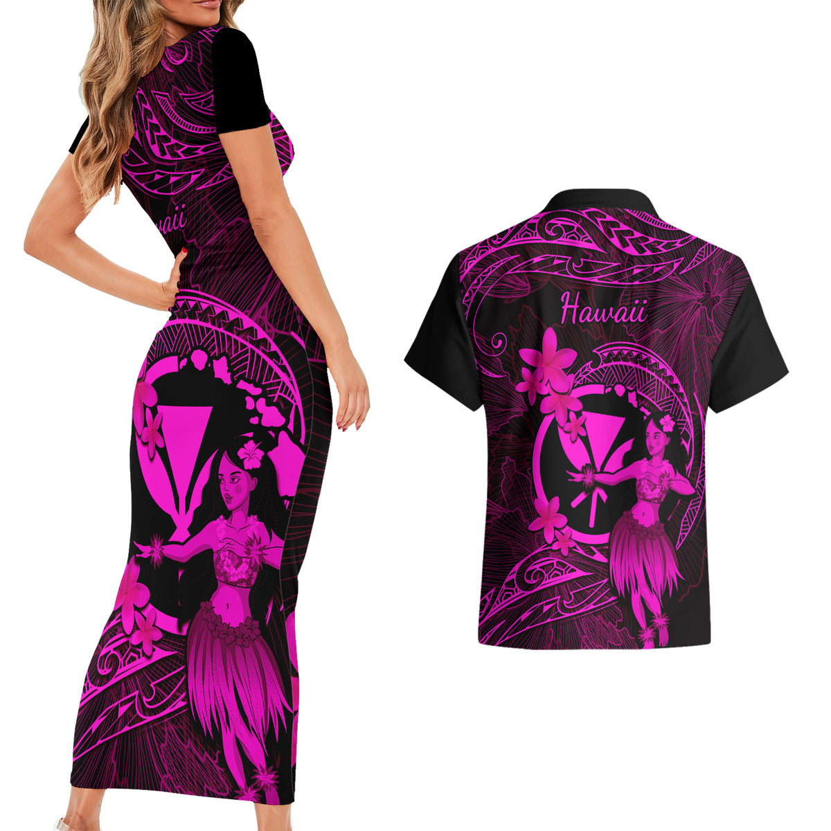 Hawaii Couples Matching Short Sleeve Bodycon Dress and Hawaiian Shirt Hula Girl Mix Polynesian Plumeria Pink Version - Wonder Print Shop
