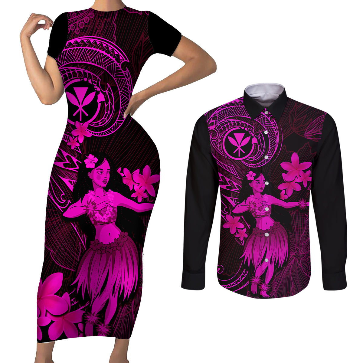 Hawaii Couples Matching Short Sleeve Bodycon Dress and Long Sleeve Button Shirts Hula Girl Mix Polynesian Plumeria Pink Version - Wonder Print Shop