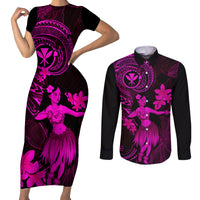 Hawaii Couples Matching Short Sleeve Bodycon Dress and Long Sleeve Button Shirts Hula Girl Mix Polynesian Plumeria Pink Version - Wonder Print Shop