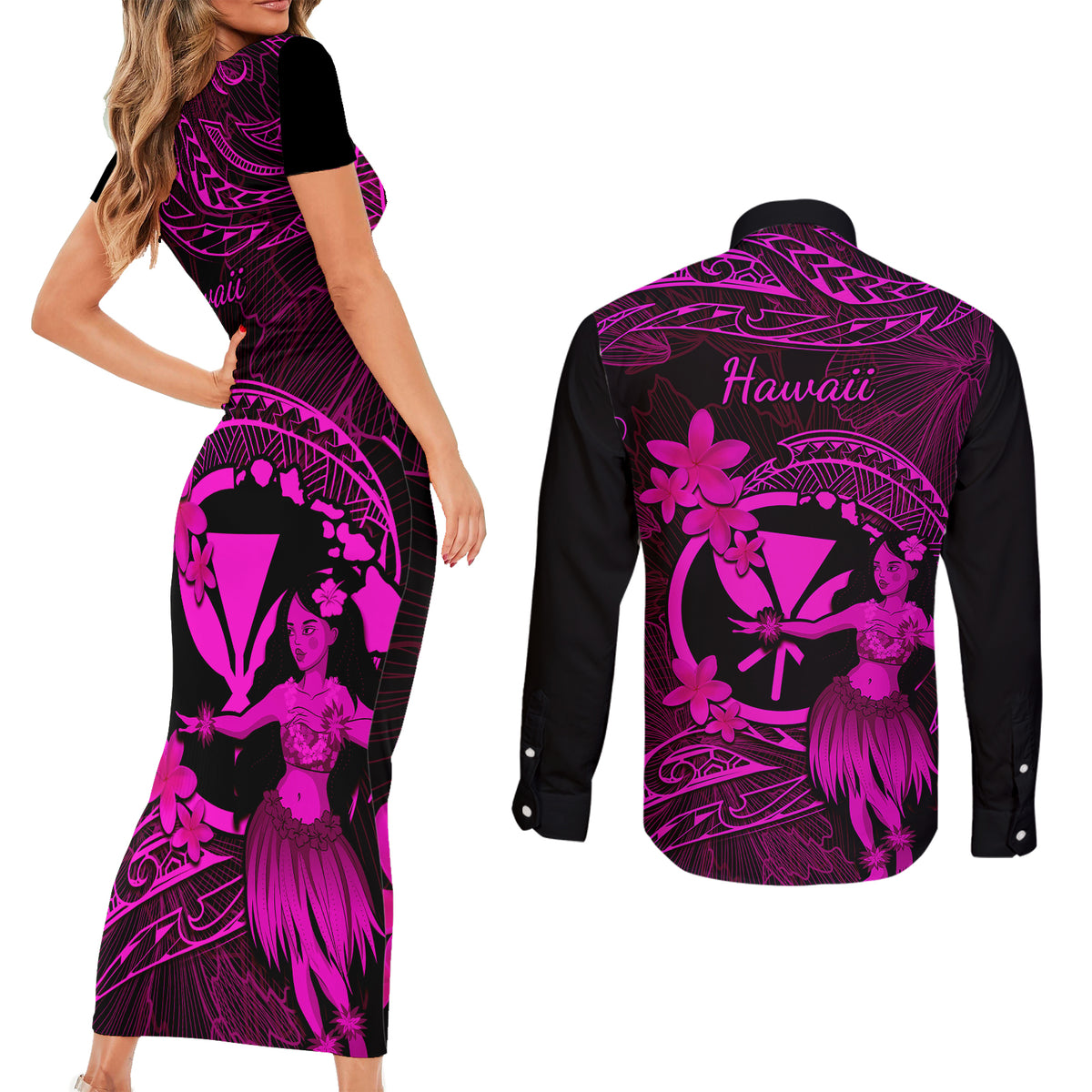 Hawaii Couples Matching Short Sleeve Bodycon Dress and Long Sleeve Button Shirts Hula Girl Mix Polynesian Plumeria Pink Version - Wonder Print Shop