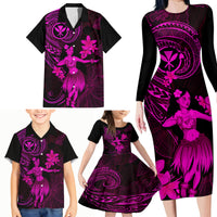 Hawaii Family Matching Long Sleeve Bodycon Dress and Hawaiian Shirt Hula Girl Mix Polynesian Plumeria Pink Version - Wonder Print Shop
