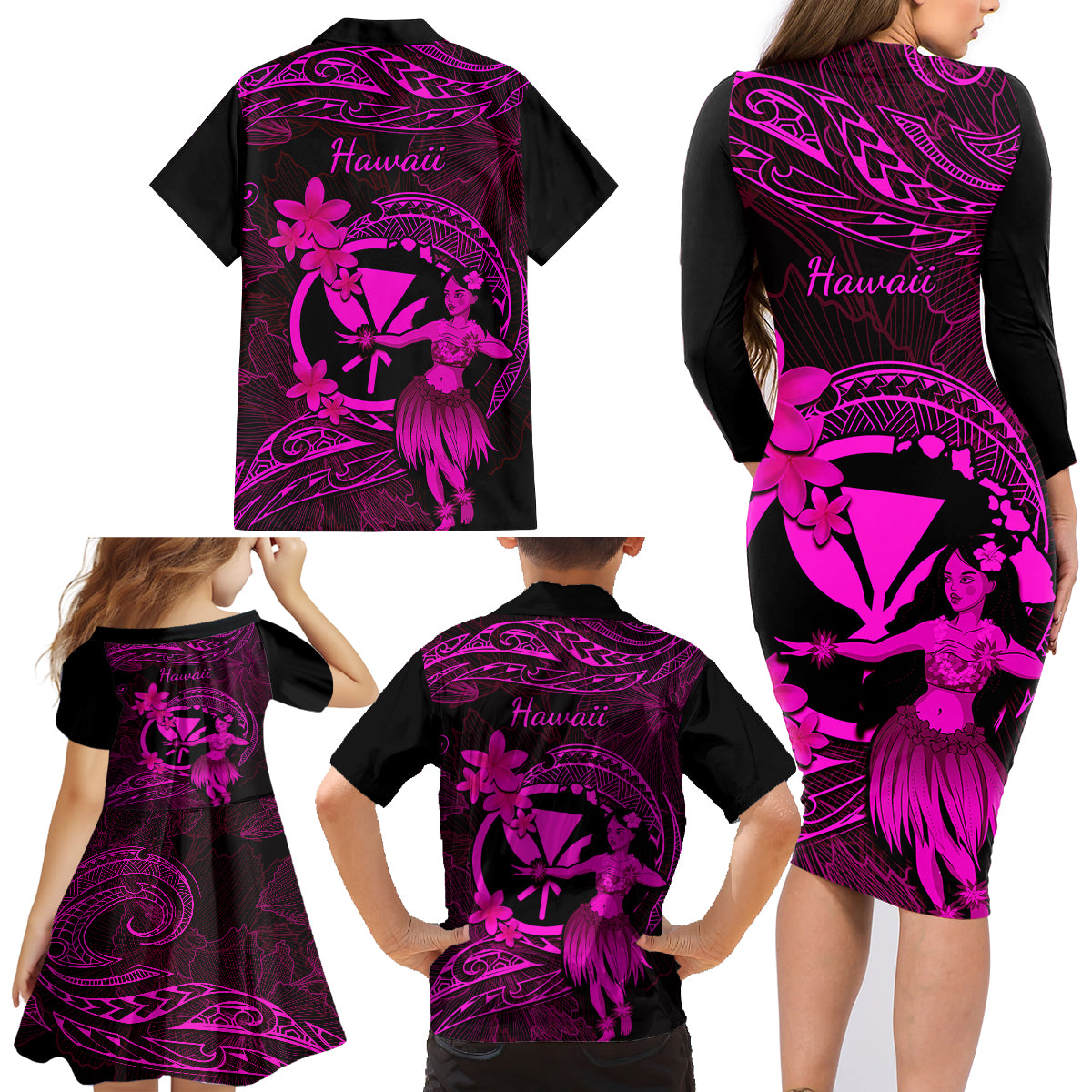 Hawaii Family Matching Long Sleeve Bodycon Dress and Hawaiian Shirt Hula Girl Mix Polynesian Plumeria Pink Version - Wonder Print Shop