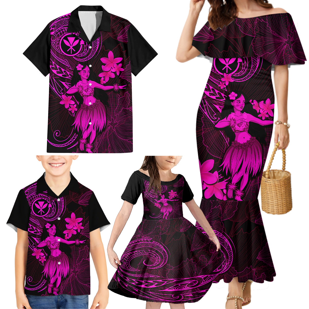 Hawaii Family Matching Mermaid Dress and Hawaiian Shirt Hula Girl Mix Polynesian Plumeria Pink Version - Wonder Print Shop