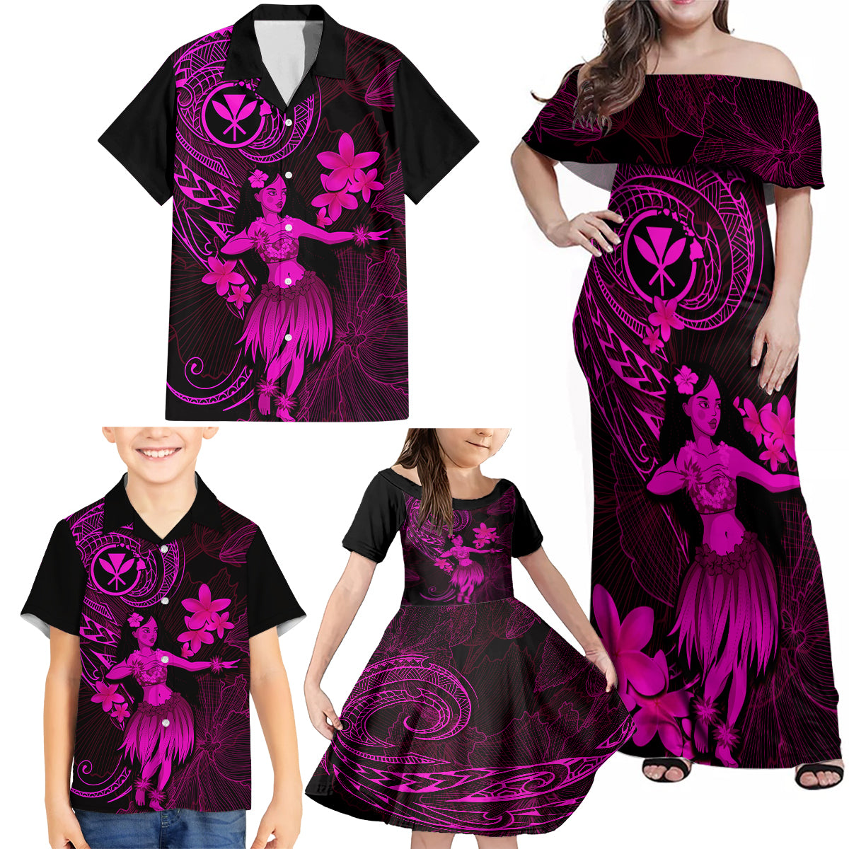 Hawaii Family Matching Off Shoulder Maxi Dress and Hawaiian Shirt Hula Girl Mix Polynesian Plumeria Pink Version - Wonder Print Shop
