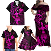 Hawaii Family Matching Off Shoulder Maxi Dress and Hawaiian Shirt Hula Girl Mix Polynesian Plumeria Pink Version - Wonder Print Shop