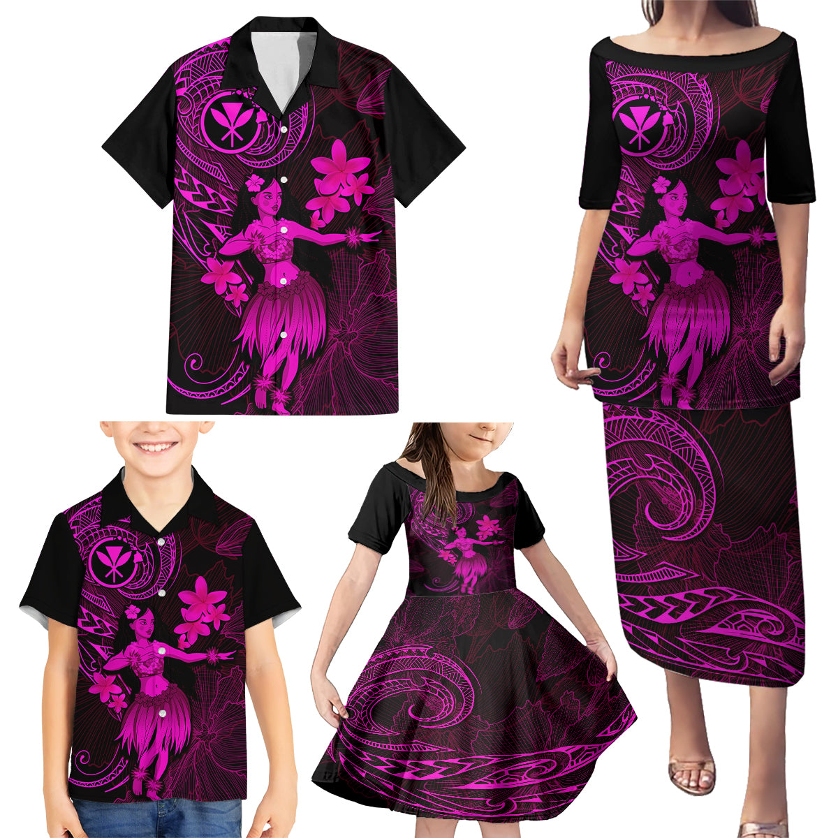 Hawaii Family Matching Puletasi Dress and Hawaiian Shirt Hula Girl Mix Polynesian Plumeria Pink Version - Wonder Print Shop