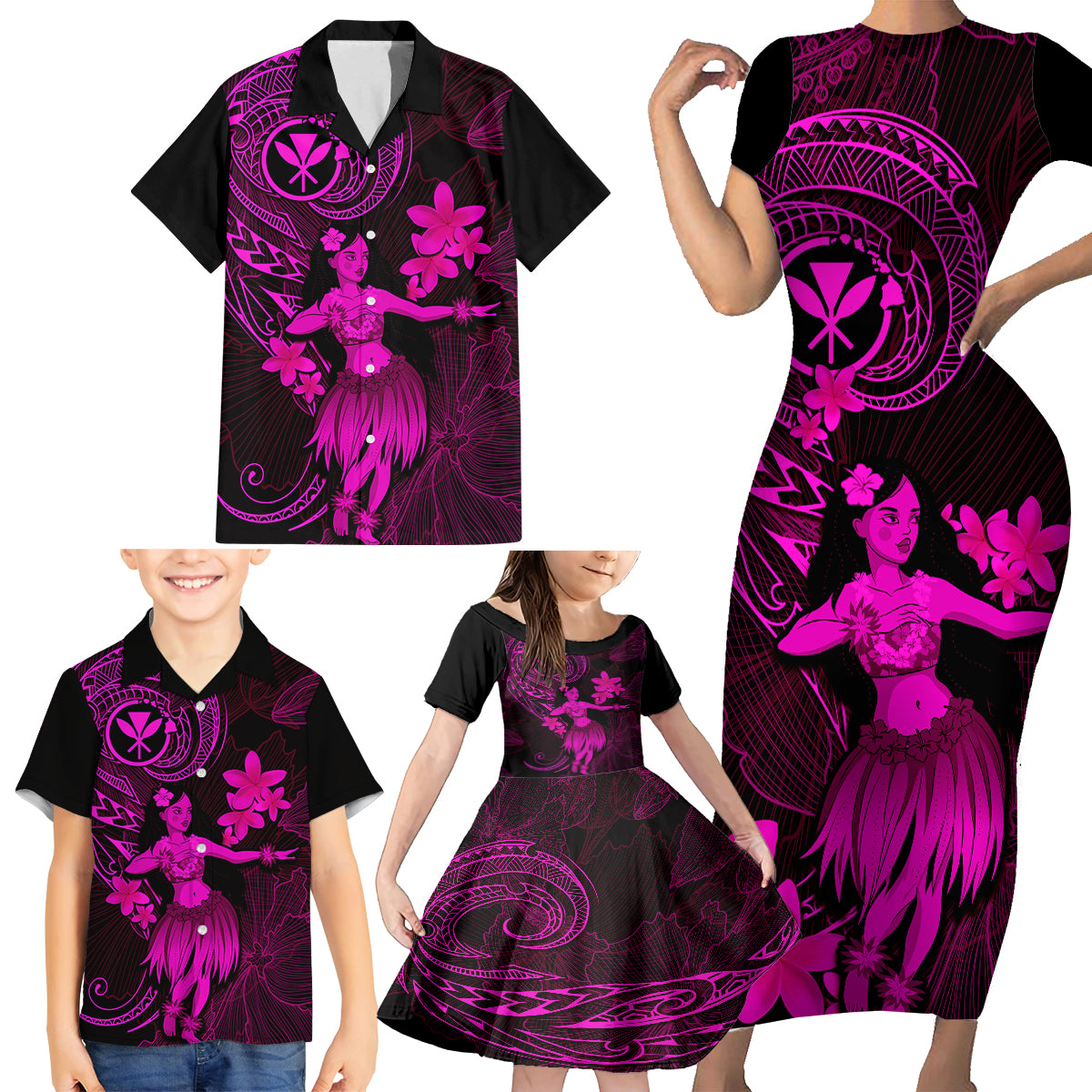 Hawaii Family Matching Short Sleeve Bodycon Dress and Hawaiian Shirt Hula Girl Mix Polynesian Plumeria Pink Version - Wonder Print Shop