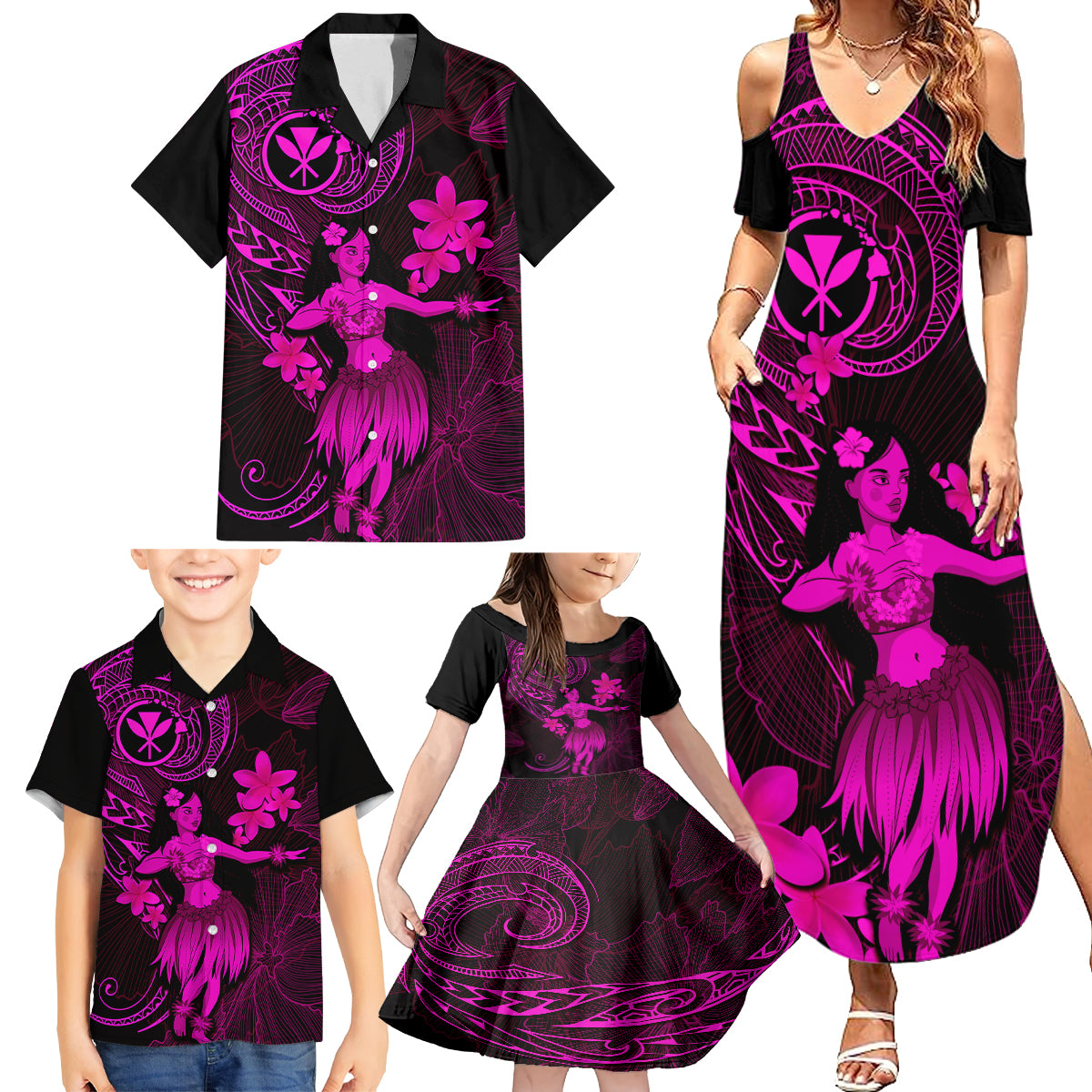 Hawaii Family Matching Summer Maxi Dress and Hawaiian Shirt Hula Girl Mix Polynesian Plumeria Pink Version - Wonder Print Shop