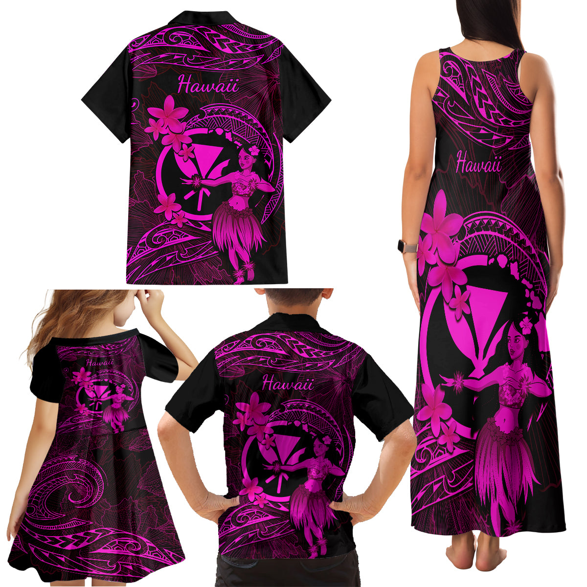 Hawaii Family Matching Tank Maxi Dress and Hawaiian Shirt Hula Girl Mix Polynesian Plumeria Pink Version - Wonder Print Shop