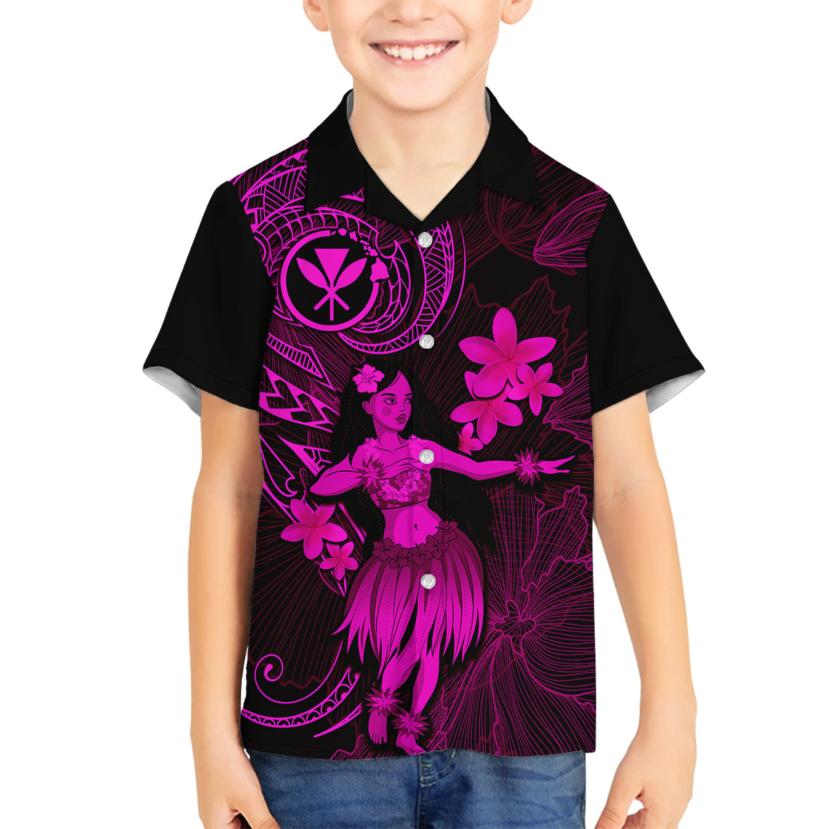 Hawaii Kid Hawaiian Shirt Hula Girl Mix Polynesian Plumeria Pink Version - Wonder Print Shop