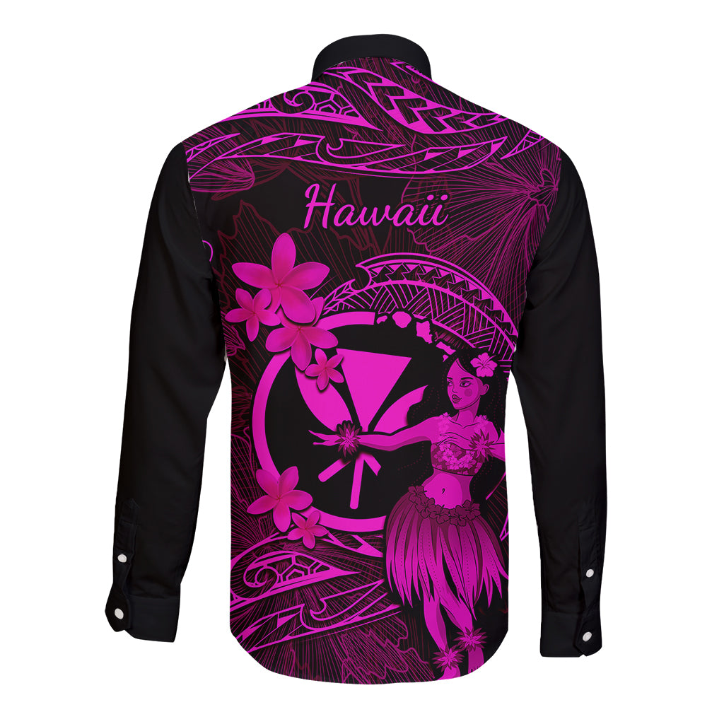 Hawaii Long Sleeve Button Shirt Hula Girl Mix Polynesian Plumeria Pink Version - Wonder Print Shop
