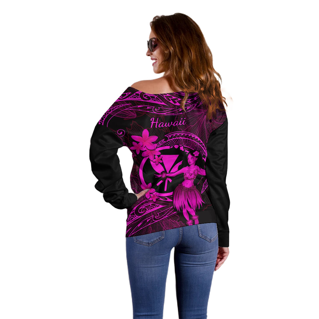 Hawaii Off Shoulder Sweater Hula Girl Mix Polynesian Plumeria Pink Version - Wonder Print Shop