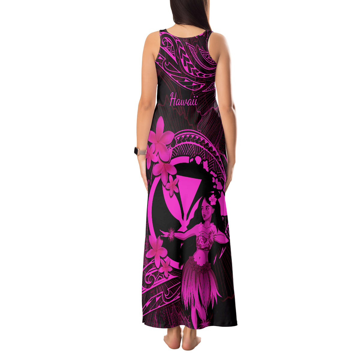 Hawaii Tank Maxi Dress Hula Girl Mix Polynesian Plumeria Pink Version - Wonder Print Shop