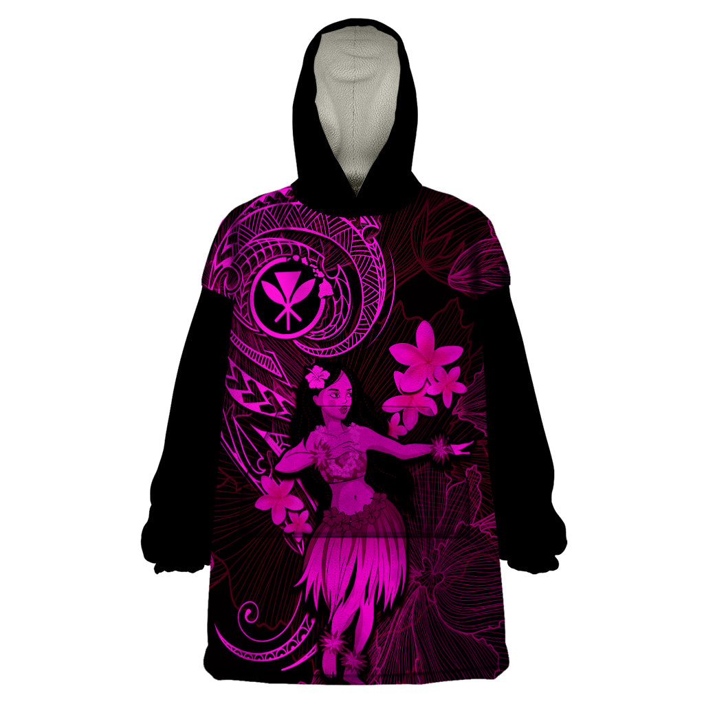 Hawaii Wearable Blanket Hoodie Hula Girl Mix Polynesian Plumeria Pink Version - Wonder Print Shop