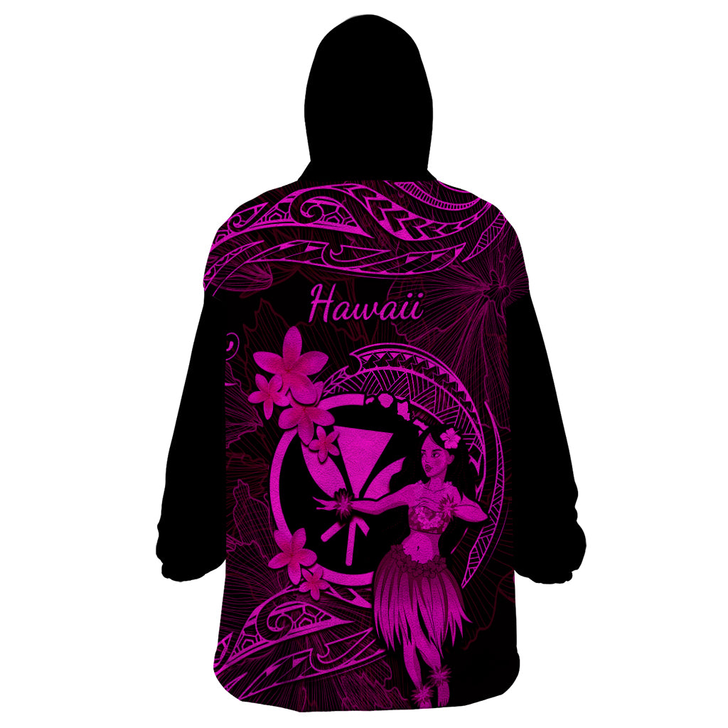 Hawaii Wearable Blanket Hoodie Hula Girl Mix Polynesian Plumeria Pink Version - Wonder Print Shop