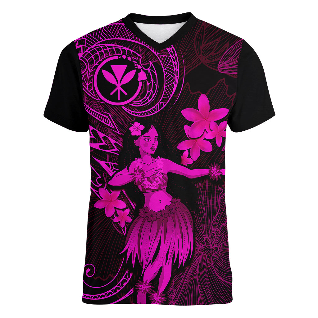 Hawaii Women V Neck T Shirt Hula Girl Mix Polynesian Plumeria Pink Version - Wonder Print Shop