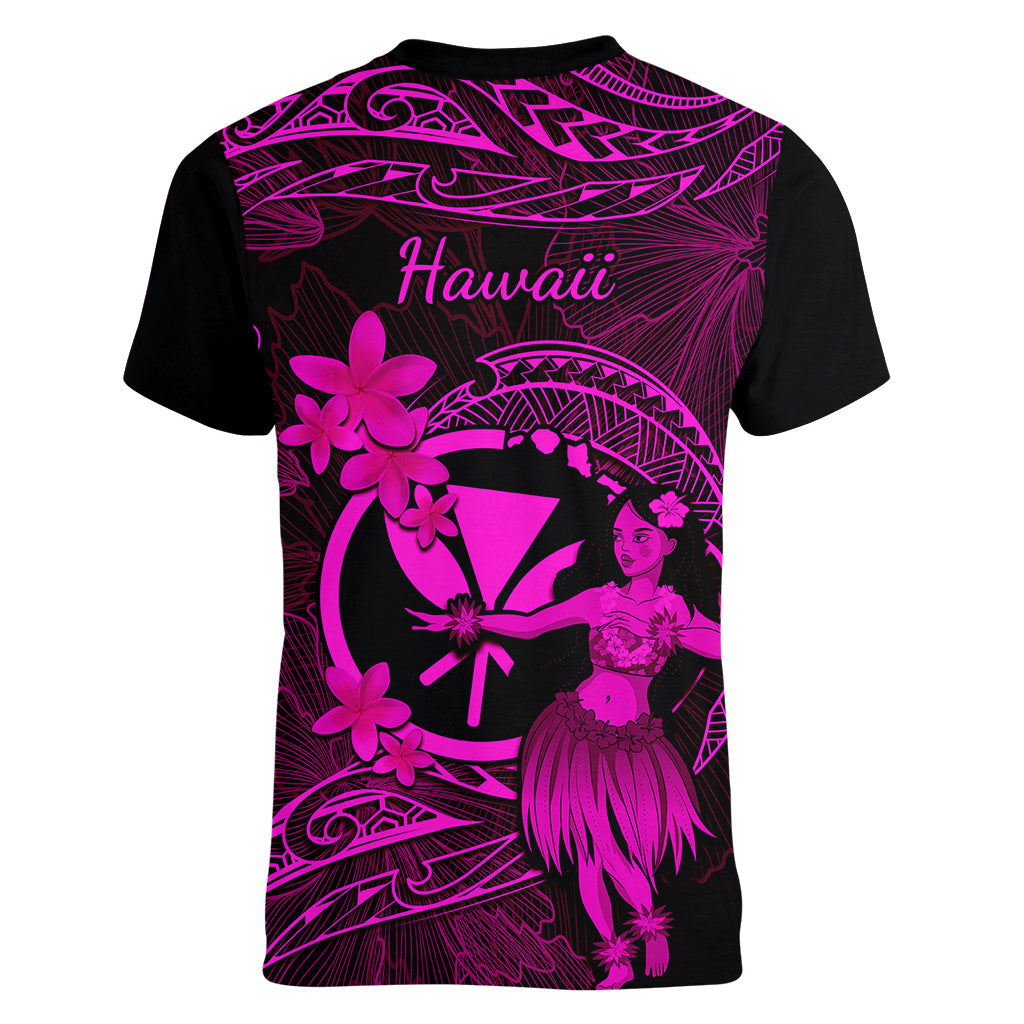 Hawaii Women V Neck T Shirt Hula Girl Mix Polynesian Plumeria Pink Version - Wonder Print Shop