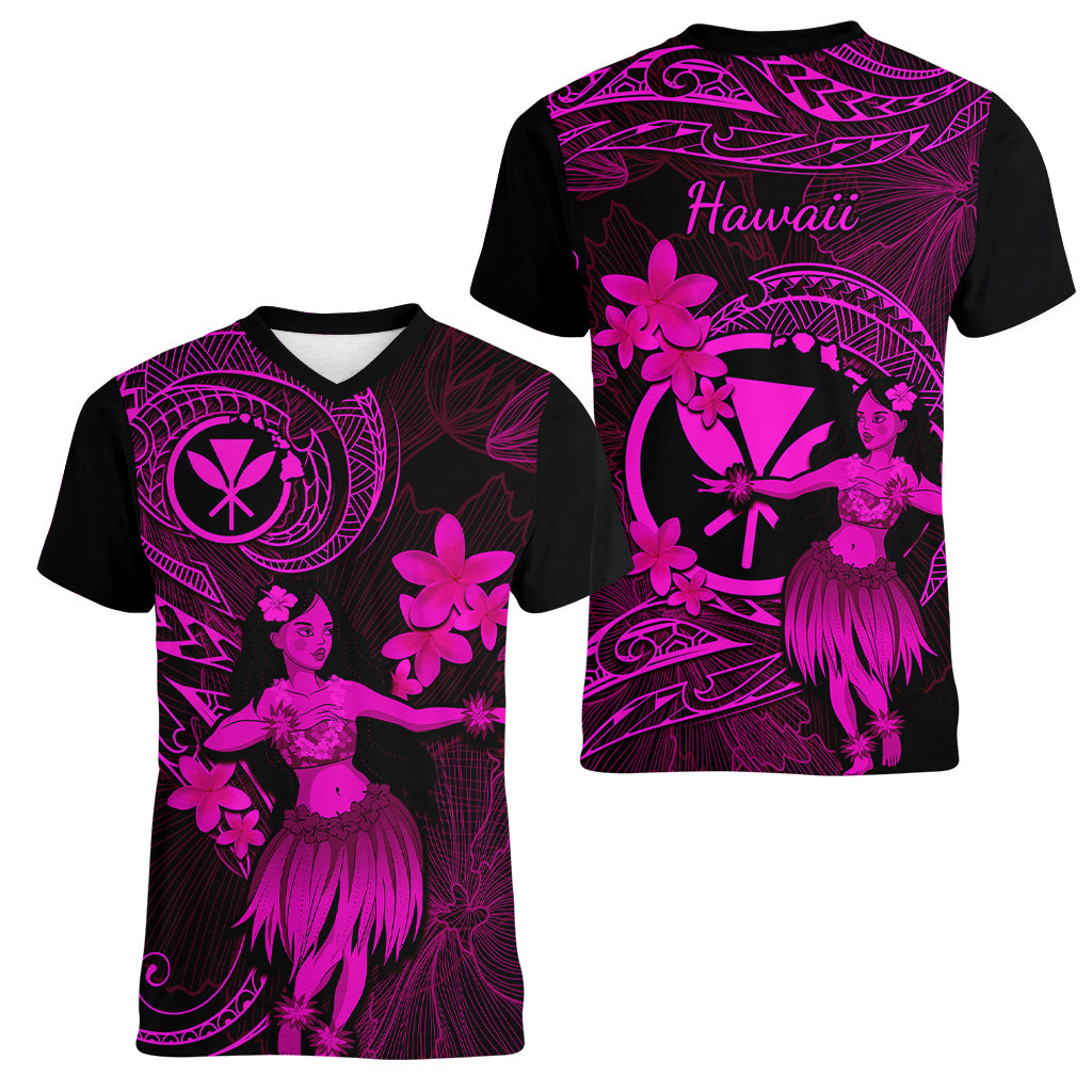 Hawaii Women V Neck T Shirt Hula Girl Mix Polynesian Plumeria Pink Version - Wonder Print Shop
